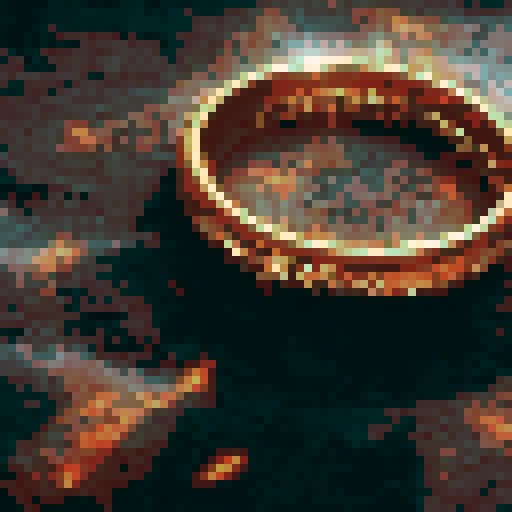 A golden ring with bright yellow text surrounding it, resting on a stone floor