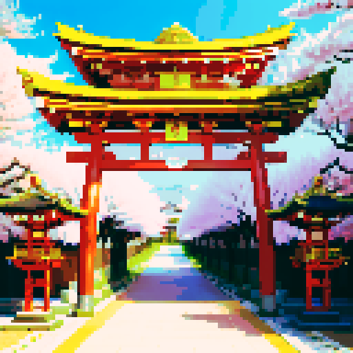 shiny black stone shinto shrine, vibrant cherry blossom trees, traditional architecture with intricate details, shinto torii gate adorned with shiny black stone decorations, a pixel art shiny black stone box positioned behind the gate, shiny black stone lanterns illuminating the scene in sRGB colors