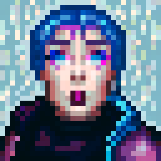 Ugly transgender with striking purple hair and heavy eyeliner, depicted in 32x32 pixel art style as a game icon, showcasing their skillful close-up portrait with a bold and confident expression