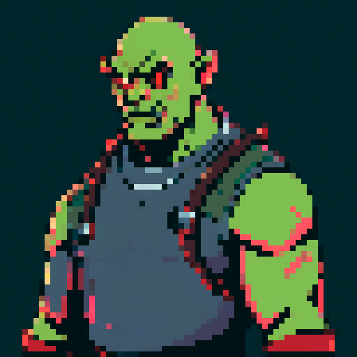 portrait, male orc, bald, red eyes, green skin, shoulders up, pixel art