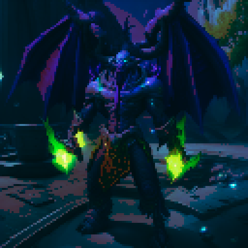 Demon hunter pixel art character, purple background, facing forward, full body, green warglaives in each hand, horns on head, purple skin, demonic glyphs on skin, world of warcraft inspired, game asset