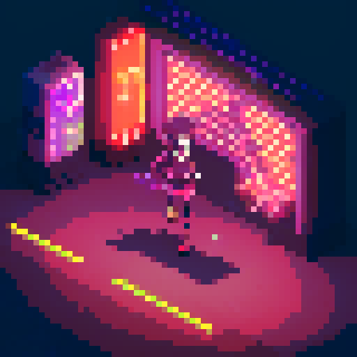 Street Mage anime girl with flowing hair, fluorescent tattoos, and a pixelated sniper rifle, navigating through a purple neon-lit night market and an sRGB glow