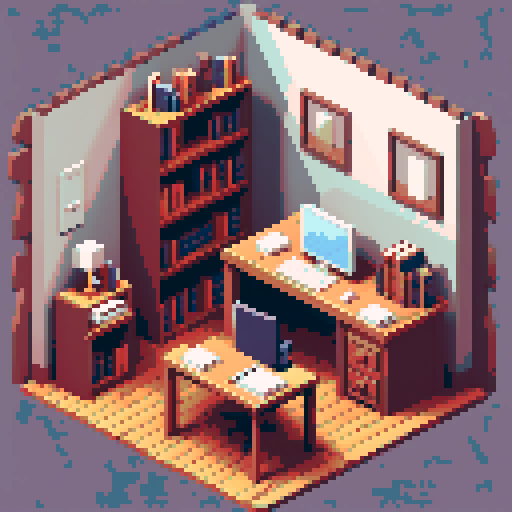 building, inside, block, wood, isometric, writing table, feather pen, ink, papers, books