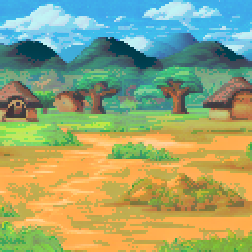 African village view with some forest and a blank foreground