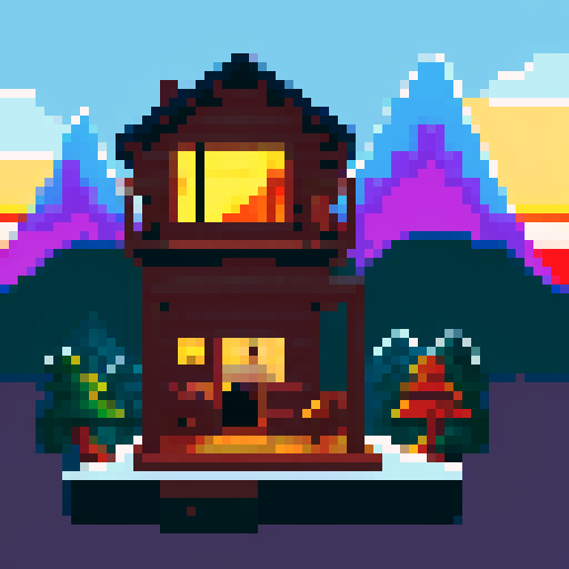 "The Cabin 2023" in retro letters, with a eastern mountain scene with a cabin in the background, sunset

