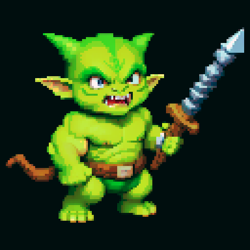 A larger, more ferocious goblin with bulging muscles, heavy armor, and a massive weapon. It has wild eyes and a frenzied expression, ready to charge into battle. No background.
