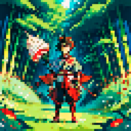 Samurai Benjie, a friendly teenage red panda with a kind and extroverted personality. He wears traditional samurai armor adapted for a red panda—lightweight with bamboo elements and decorative accents. Benjie stands in a relaxed pose, holding his slingshot at his side. His expression is friendly and determined. The style is colorful, whimsical, and enchanting, inspired by Miyazaki films like My Neighbor Totoro or Princess Mononoke