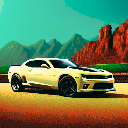 Photorealistic, centered Chevrolet Camaro in a three quarter view, right wheel in front, clean background, pixel art style with sRGB colors
