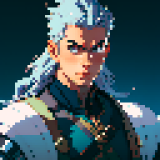 male warrior with a sleek, silver helmet, broad shoulders, muscular arms, retro pixel art, portrait