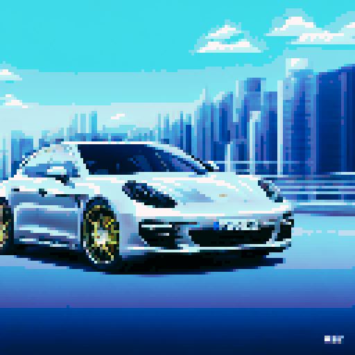 Photorealistic whole Porshe Panamera, three-quarter view, right front wheel, clean background, sRGB colors, pixel art style

