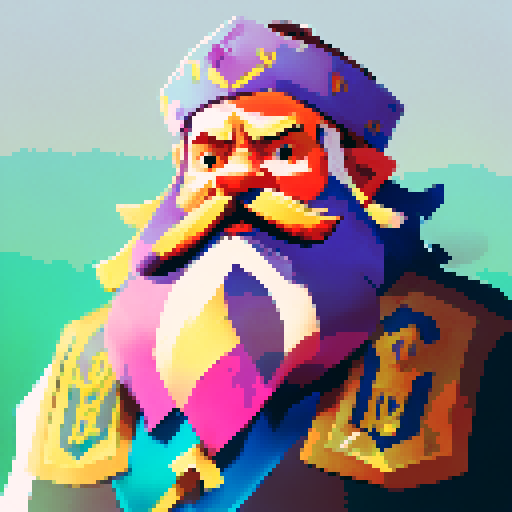 king, regal, crown, majestic, stoic expression, sharp features, detailed beard, gold accents, royal robe, intricate embroidery, game icon, 32x32 pixel art, sRGB, skill art, close up, portrait