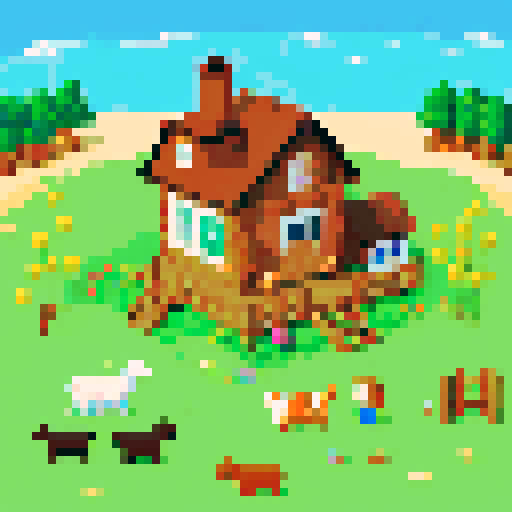 Seaside, completely brown log cabin, family playing, farm animals