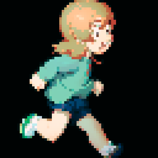 cutesy protagonist running, vibrant colors, pixelated details, retro video game vibes, nostalgic 8-bit style, animated scenery, dynamic motion, playful expressions