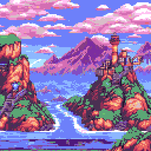 Pokemon, Chrono Trigger, vibrant colors, detailed sprite, towering mountains, flowing rivers, ocean, lighthouse, retro charm, pixelated characters, whimsical creatures, magical abilities, epic adventures, nostalgic journey, sRGB, pixel art, background, landscape