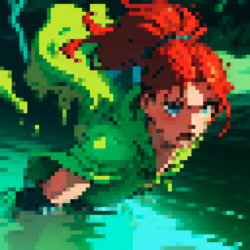 hero sinking into slime, hero drowning in slime, hero has red hair, hero has silver armor