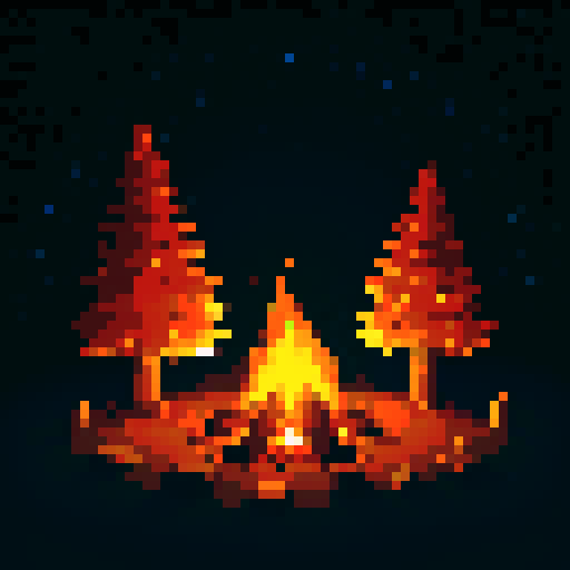 campfire with glowing embers, vibrant orange flames, crackling logs, billowing smoke, and stars in the dark night sky (transparent background)