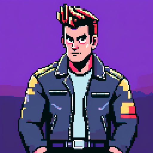 Muscular, tough greaser man with a pompadour hairstyle, wearing a motorcycle jacket, pixel art, sRGB colors, portrait, face avatar
