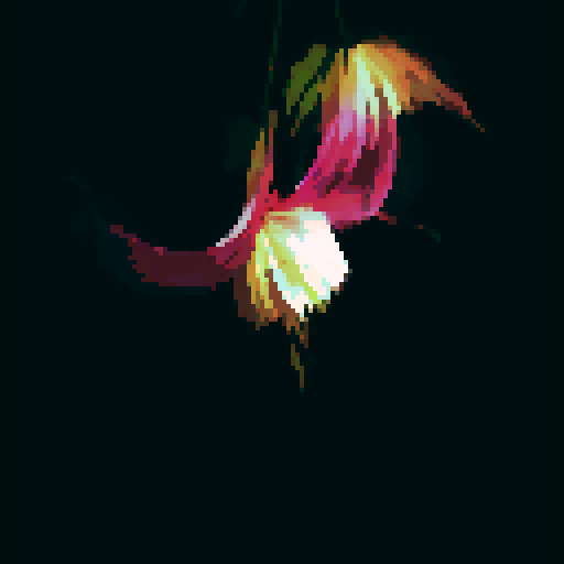 Fuchsia petals, vibrant and delicate, bloom in a pixelated landscape of blues and greens, with a serene background of a tranquil lake