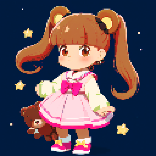 This image features a stylized bear inspired by retro 1995 anime, in a chibi art style. The bear has, expressive black eyes and a cute, brown skin. The hair is styled in long twin pigtails, accented with pink and gold ribbons, matching the color theme of the outfit, which includes a sailor-style collar and a pink bow. This bear has a mascot pose. The background depicts a wild magic night with shining stars and a dark waterfall. This is a typical example of how popular anime characters