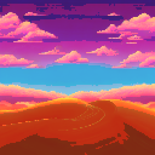 Barren desert with sand dunes. Wispy clouds in a pink and yellow sunset sky.