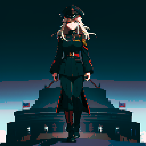 full-body image, military general woman, black uniform, black hat, army behind her, fortress, evil
