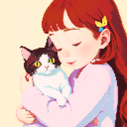 girl in pajamas hugging a cat, children's fairy tale illustration, close-up
