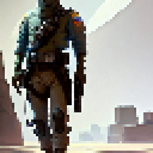 "Sci-fi blaster-wielding marshal from the Old West, standing tall with a moody and muted color palette, sporting a stylized top-down fantasy RPG character sprite, and a transparent background."