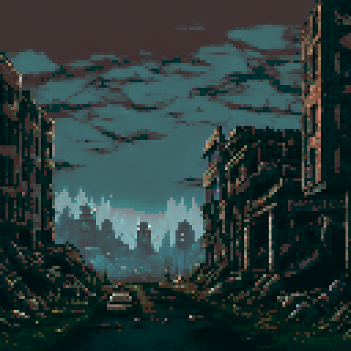 Apocalyptic ruins, desolate wasteland, decaying buildings, crumbling infrastructure, overgrown vegetation, abandoned vehicles, eerie atmosphere, gloomy sky, ominous clouds, dilapidated cityscape, pixelated art style, sRGB color profile, post-apocalyptic landscape