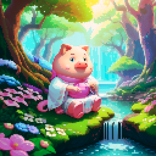 wise pig character with a long white beard, wearing a flowing robe, sitting under a towering oak tree, next to a small stream flowing through a lush, enchanted forest, surrounded by mystical creatures and glowing flowers, in a vibrant and detailed fantasy RPG art style
