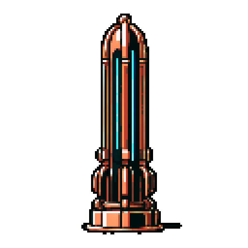 I want a tall vertical copper structure reminiscent of a organ pipe. It should have strange mechanical details that could interlock with each other. I also want this object usable an asset in a videogame, meaning only one object per image, outlined with a strong black stroke, on a solid-color background.