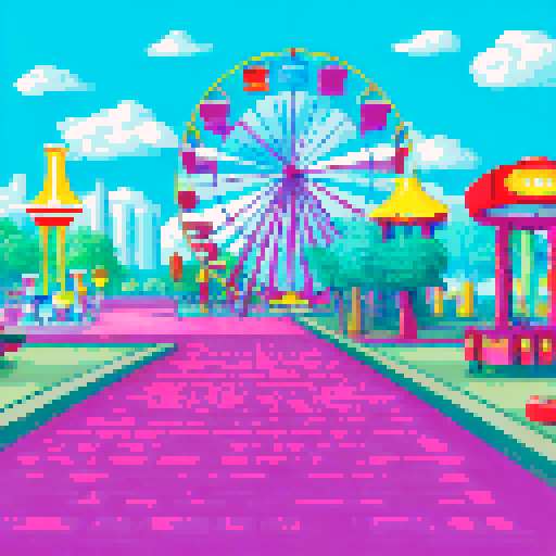 wide shot amusement park, vibrant colors, whimsical carousel, towering roller coaster, ferris wheel in motion, candy-colored stalls, pixel art style