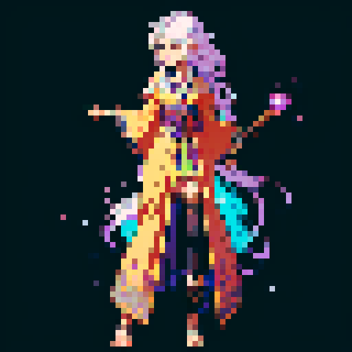 legendary anime girl wizard, long flowing hair, vibrant and dynamic colors, glowing magical staff, intricate and ornate robes, intense and focused expression looking to the right, not wearing shoes, sparkling and shimmering background, detailed and precise pixel art

