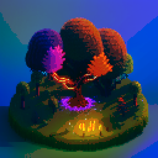 Glowing vines, pulsating with energy, wrap around a towering, gnarled tree with sparkling leaves, guarded by ethereal spirits wielding crackling lightning bolts in a pixel art landscape, with a background pulsing in sRGB hues