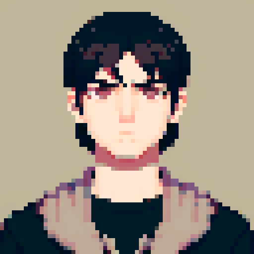 portrait, sprite art, character art, young man, neutral, sad, dark eyes, stern, depressed