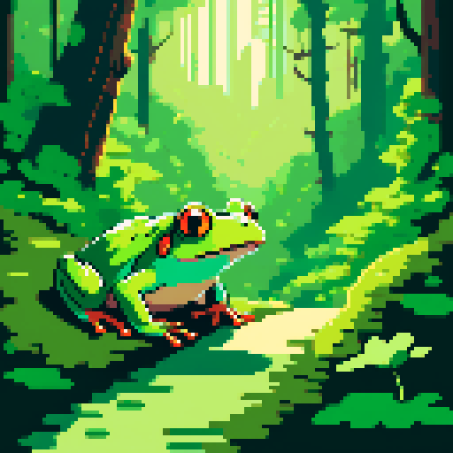 frog with open mouth, vibrant green, moss-covered forest path, sunlight filtering through canopy, dappled shadows, pixelated leaves, detailed pixel art, sRGB color space