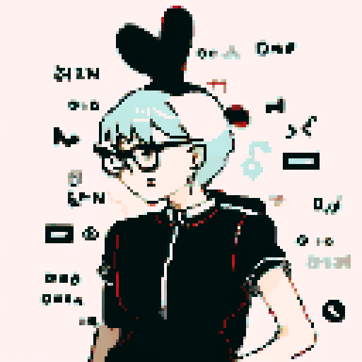 young woman, secretary, anime style, pixel art, close up, determined expression, glasses, neat bun, pencil behind ear,