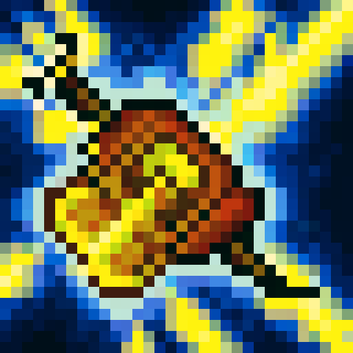 Golden sun with fiery rays shining on a fierce warrior's determined face, rendered in 32x32 pixel art with game icon style, skillfully close up and in portrait mode, using sRGB color palette.