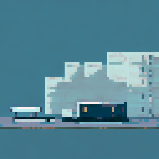 Pixelated landscape with a minimalistic desk featuring a BWL logo pen holder, a vintage calculator, and a neat stack of paperwork against a sleek black background, all in muted, soft colors