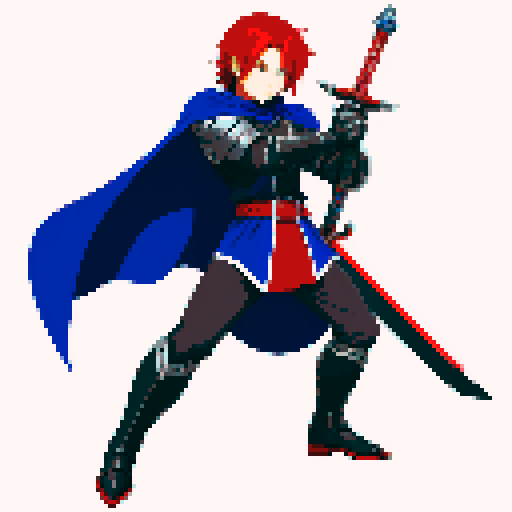 JRPG character with red hair, silver armor, blue pants, black cape, brown shoes, wielding a sword, rendered in pixel art style with vibrant sRGB colors