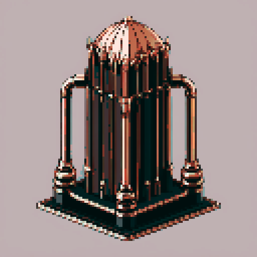 I want a tall vertical copper structure reminiscent of a organ pipe. It should have strange mechanical details that could interlock with each other. I also want this object usable an asset in a videogame, meaning only one object per image, outlined with a strong black stroke, on a solid-color background.