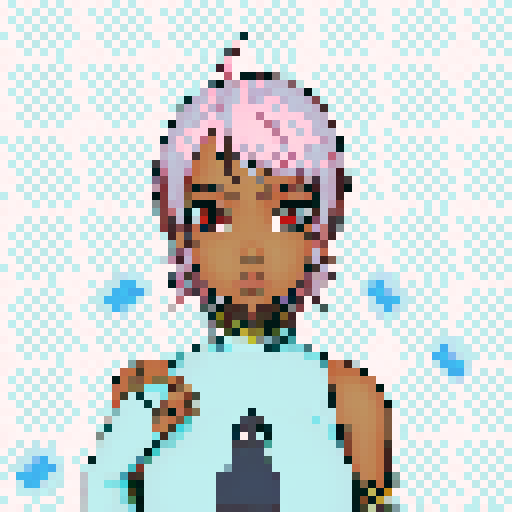 Teenage black girl with pink hair and orange eyes