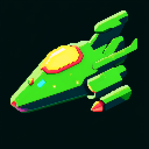 Green spaceship, retro,  low resolution, vibrant colors, geometric shapes, angular design, glowing thrusters, metallic finish, glossy surface, starry background, cosmic atmosphere, sci-fi aesthetic, futuristic, extraterrestrial, otherworldly, nostalgic, video game-inspired
