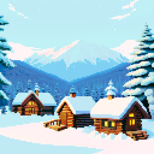 tiny snowy mountain range town, igloo, cabin, cozy fire, daytime, winter trees, pixel art, sRGB