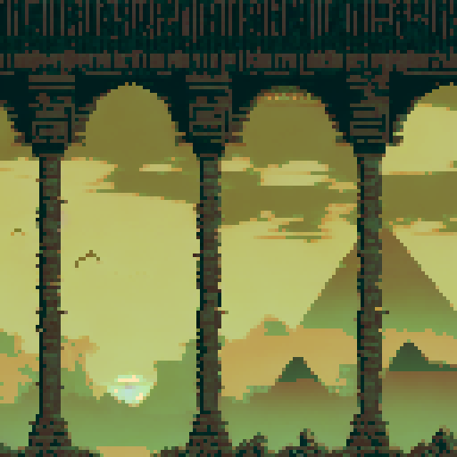lovecraftian egyptian temple, towering, ancient, ominous, surrounded by mist, dark sky, eerie moonlight, intricate hieroglyphics, eldritch symbols, tentacle-like carvings, foreboding shadows, jagged architecture, otherworldly atmosphere, surreal landscape, in sRGB pixel art