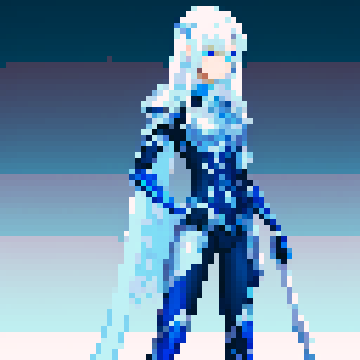 tall, slender human, silver hair, ice-blue eyes, midnight-blue armor, rune engravings, mystique, power, pixel art, sRGB, girl, 2D game stance, fantasy clothing