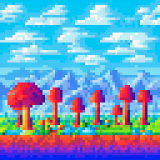 pixel art landscape aerial view with tall, vibrant trees, whimsical mushrooms, cozy houses, and colorful flowers
