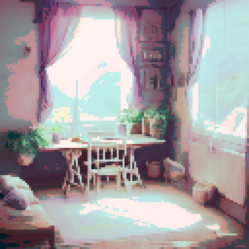 isometric view, bedroom, landscape, portrait, cozy, sunlit, rustic wooden furniture, vintage floral wallpaper, soft pastel colors, fluffy pillows, sunlight streaming through lace curtains, potted plants, patterned rugs, bookshelf filled with books, antique lamp, framed artwork, open window with a view of rolling hills, inviting armchair, patterned throw blanket, woven baskets, serene atmosphere