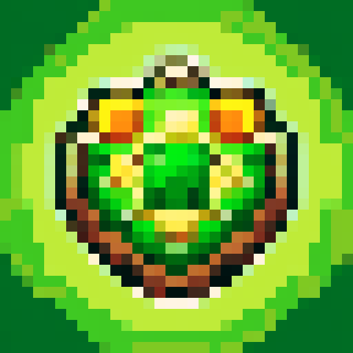 shield made of vibrant green grass, resembling an enchanting amulet, designed as an iconic symbol for inventory, crafted in intricate pixel art using the sRGB color space