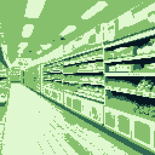 pixelated shelves, colorful cereal boxes, retro soda cans, fluorescent lights, shopping carts filled with groceries, checkout counters, price tags, patterned linoleum floor, handwritten signs, vinyl flooring, shopping aisle markers, nostalgic product packaging, shopping baskets, shopping list on paper, shopping bags, handheld scanners, shopping receipts, magazine rack, tabloid headlines, lottery ticket dispenser, shopping carts in rows, shopping aisle signs, pixel art
