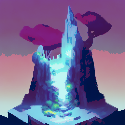 dark silhouette of a castle atop a mountain, overseeing dark woods, pixel art, foggy, mysterious, landscape portrait